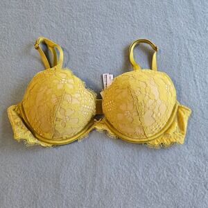 Victoria's Secret PushUp Bra Women 34B Yellow Dream Angels Floral Lace Underwire